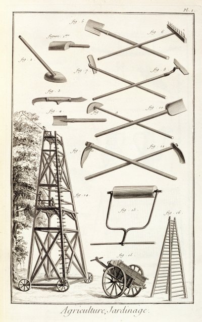 Trädgårdsredskap och en mobil beskärningsplattform, från Encyclopedie des Sciences et Metiers av Denis Diderot (1713-84) publicerad ca 1770 av French School