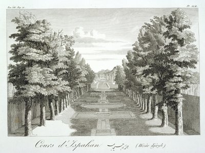 Trädgårdarna i Tshehar-Bagh, Isfahan, från Voyages du Chevalier Chardin en Perse, et autres Lieux de l