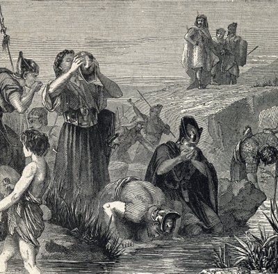 Gedeon (Gideon) kallar av Gud att besegra madianiterna väljer sina soldater bland dem som dricker medan de bär vatten till munnen (Gideon eller Gedeon väljer sina soldater och håller bara de som lyfte vattnet till sin mun, och medan de gör det, dra av French School