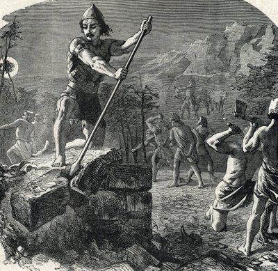 Gedeon (Gideon) avslöjar Baals altare som störtade hans folk i avgudadyrkan (Gideon eller Gedeon förstörde Baals altare) Gravyr från 