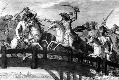General Alexandre Dumas, Horatius Cocles i Tyrolen. dödade tre österrikiska motståndare på egen hand på Clausenbron 1797, ca 1797 (gouache) av French School