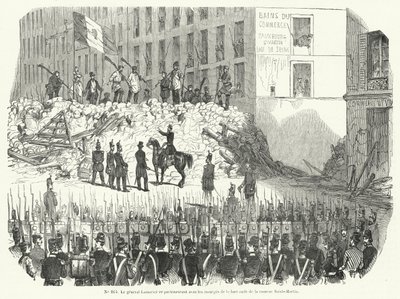 General Lamoriciere förhandlar med beväpnade arbetare som försvarar sin barrikad utanför Saint Martin-kasernen, Paris, 23 juni 1848 (gravyr) av French School