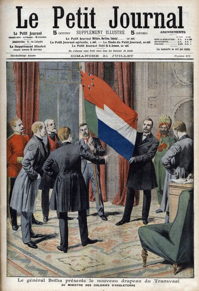 General Pieter Willem Botha (en Boer) presenterar Transvaals (Sydafrikas) nya flagga till den engelske kolonialministern Lord Elgin - I "Le Petit Journal" den 21 juli av French School