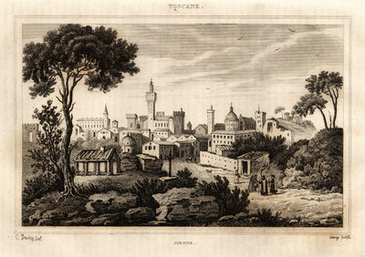 Allmän vy av Siena (Siena) i Toscana, gravyr av C. Deveze i "Italien pittoreska", Amable Coste redaktör av French School