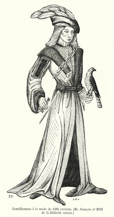 Fashionabla gentleman från omkring 1488 (gravyr) av French School