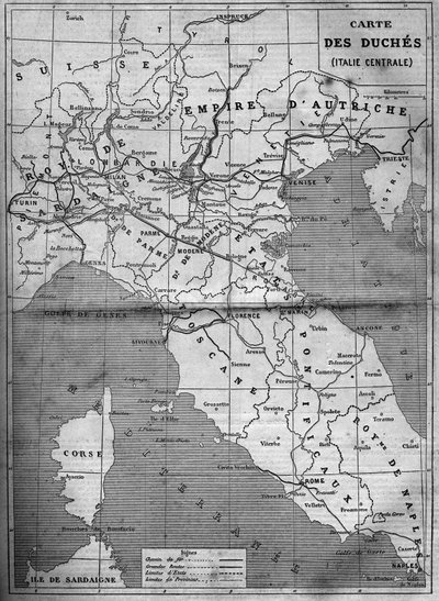 Geografisk karta över hertiginnan av centrala Italien 1860. Gravyr i "" Le Monde Illustré"" nr 143 av 7 januari 1860. av French School