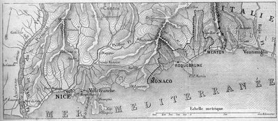 Geografisk karta över Principaute de Monaco, 1861, innan staden Roquebrune och Menton anslöt sig till Frankrike. Gravyr i "" Le Monde Illustré"" nr 202 av 23 februari 1861. av French School
