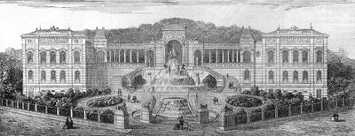 Geometrisk vy av Palais de Longchamp i Marseille, Bouches du Rhone (13), byggd 1862 av Henri Jacques Esperandieu (1829-1874). Gravyr i "" Den illustrerade världen"" nr 681 den 30 april av French School