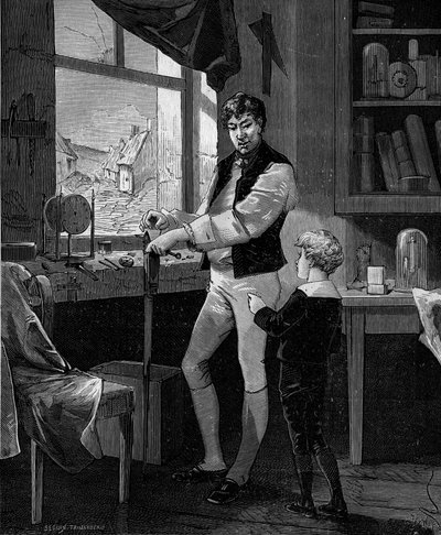 George Stephenson, brittisk ingenjör (1781-1848) med sin son. av French School
