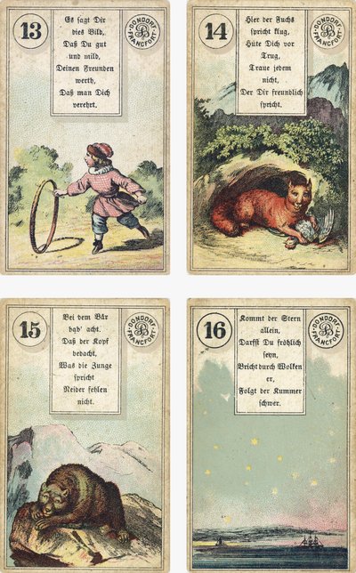 Tyska utgåvan av Lenormand French cartomancy däck: The Child, The Fox, The Bear, The Star, utgiven av Dondorf, Frankfurt, 1800-talet av French School