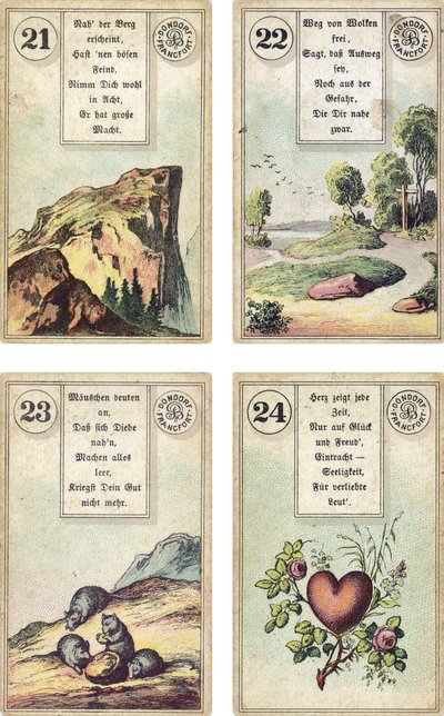 Tyska utgåvan av Lenormand French cartomancy deck: The Mountain, The Road, The Mice, The Heart, utgiven av Dondorf, Frankfurt, 1800-talet av French School
