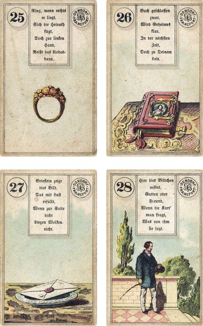 Tyska utgåvan av Lenormand French cartomancy däck: The Ring, The Book, The Letter, The Gentleman, utgiven av Dondorf, Frankfurt, 1800-talet av French School