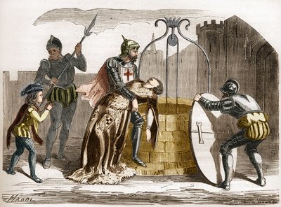 Gilles de Rais (Retz eller Rays) (1404-1440), marechal av Frankrike gör sin hustru perir. Gravyr i "Prostitutionens och utsvävningens historia bland alla världens folk från antiken till våra dagar" av Dr Th. -F. Debray. 1879. av French School