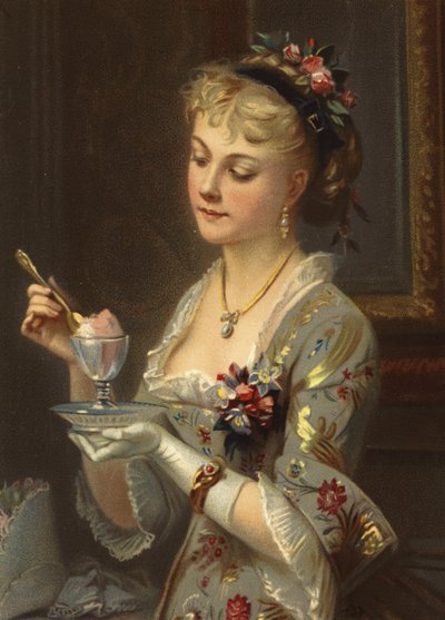 Flicka som äter sorbet med en guldsked (kromolit) av French School