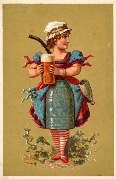 Flicka som håller ett stort glas öl (chromolitho) av French School