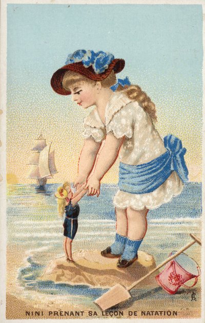 Flicka som lär en docka att simma av French School