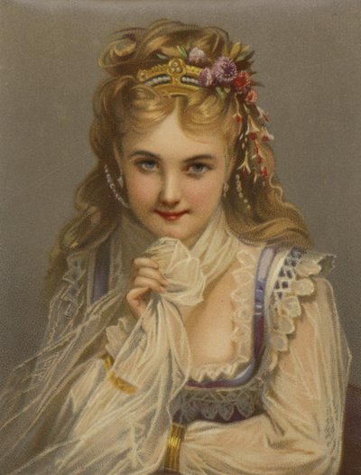 Flicka med blont hår, juveler, blommor och ett blygt leende (kromolit) av French School