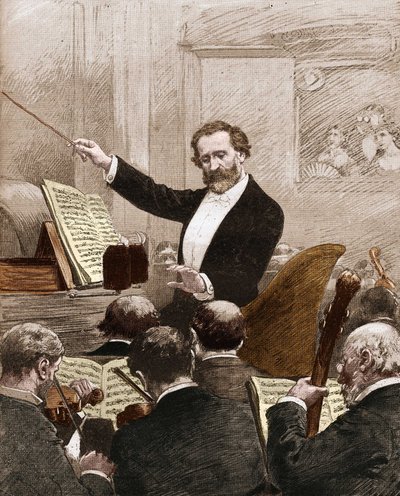 Giuseppe Verdi ledde operaorkestern till den första representationen av "" Aida" i Paris 1880. av French School