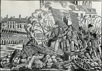 Härliga och minnesvärda strider i juli 1830 i stadshuset i Paris - Revolution de 1830 - Striderna under juli 1830 i Paris. av French School