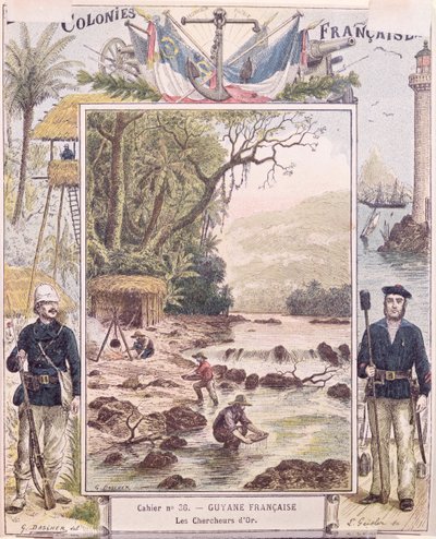 Guldgrävare i Franska Guyana, omslag till skolskrivbok, c.1880 av French School