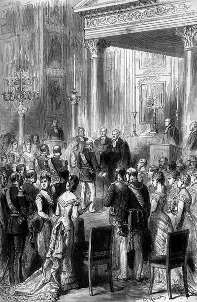 Den tyske kejsaren William I (1797-1888) och Impress Augusta (1811-1890) guldbröllop: Religiös ceremoni i kapellet i det kejserliga palatset i Berlin, juni 1879. Gravyr i "" Le Monde Illustré"" nr 1162 i juli 5 av French School