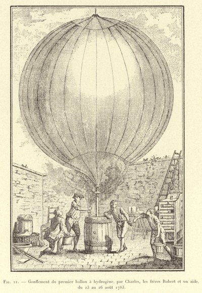 Uppblåsning av den första väteballongen, av Charles, bröderna Robert och en assistent, från 23 till 26 augusti 1783 (gravyr) av French School