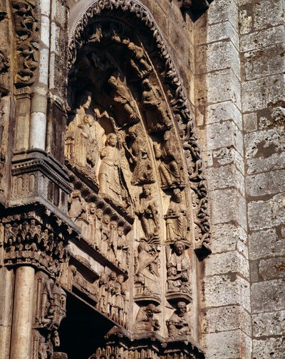 Gotisk konst: "" detalj av tympanonet på den kungliga portalen i basilikan Notre Dame de Chartres av French School