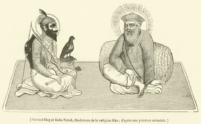 Govind Sing et Baba-Nanek, grundare av Sike-religionen (gravyr) av French School