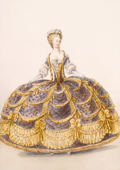 Klänning lämplig för presentation vid hovet, tallrik från Galeries des Modes et Costumes Francais, c.1778-87 99:clothing; traditionell klänning; traditionell kostym; mode; illustration; av French School