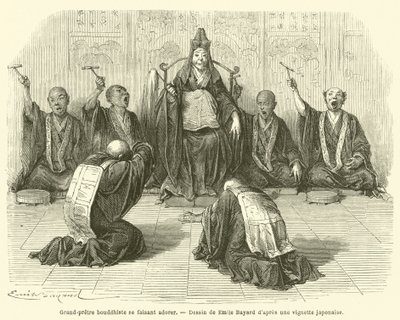 Buddhistisk överstepräst som dyrkas (gravyr) av French School