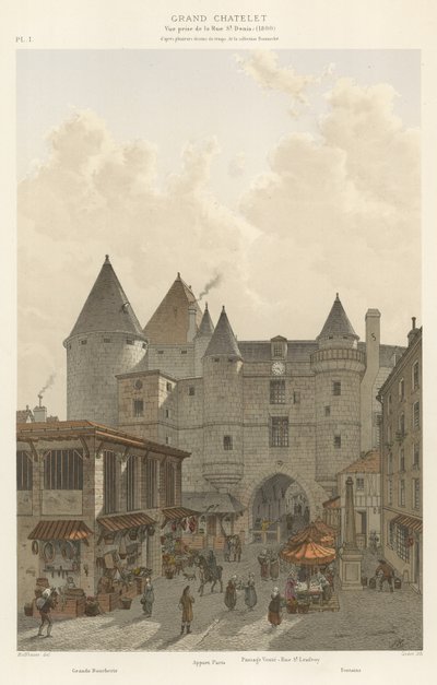 Grand Chatelet, utsikt tagen från Rue St Denis, 1800 av French School