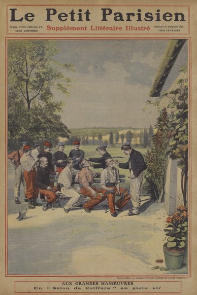 Franska arméns stora manövrar: en frisörsalong (litho i färg) av French School