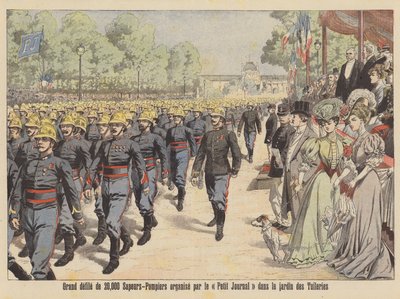 Stor parad med 20.000 brandmän genom Jardin des Tuileries i Paris (färglitografi) av French School