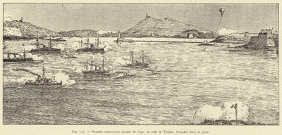Stora sjömanövrar 1891, i hamnen i Toulon; skvadronen tvingar fram passet (gravyr) av French School