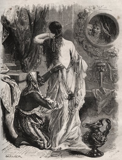 Grekisk mytologi: kungen av Lydie Candaule (eller Caudale) visar sin fru naken för sin förtrogne Gyges, gömmer sig i skuggorna när hon stänger upp sig i sovrummet. Gravyr från 1871 i "Histoire Des Cocus Celebres"" av Henry de Kock (1819-1892). av French School