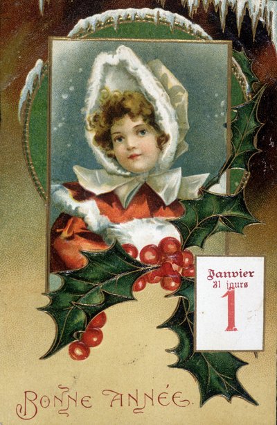 Gratulationskort: "" Gott Nytt År"" (tjej med järnek) - vykort, n.d., tidigt 1900-tal av French School