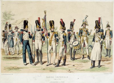 Grenadiers en fot av Napoleon I:s kejserliga garde (mellan 1804 och 1814). 1800-talsgravyr. Paris, Dekorativ konst av French School