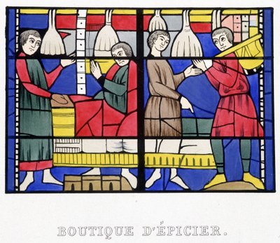 Livsmedelsbutik. Faksimil av ett målat glas från medeltiden i "Histoire de la peinture sur verre"" av Ferdinand de Lasteyrie av French School