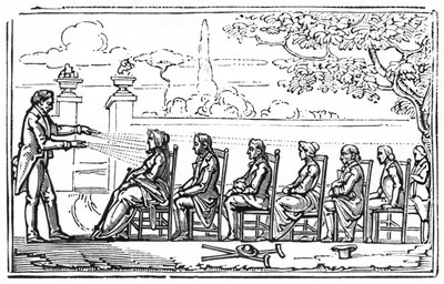 Gruppmagnetisk terapi, illustration från Therapeutique Magnetique av Baron du Potet, 1863 av French School
