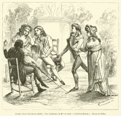 Grupp hämtad från en teckning med titeln Une Lecture de Madame de Stael, Collection Hennin (gravyr) av French School