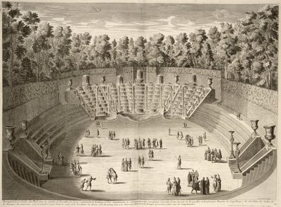 Grove of the Salle du Bal, Versailles, från Planer, Profiles and Elevations of the Towns and Palaces of Versailles, graverad av Lucas, publicerad c.1715 av French School