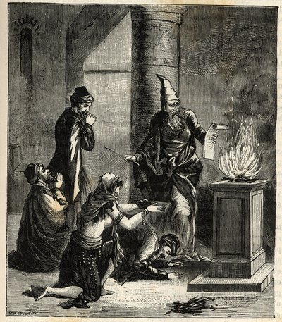 Guebres (eller zoroastrisk) - Elddyrkare - - Gravyr i "Sciences à la potee de tous - physics et chimie populaire" av Alexis Clerc. Sent 1800-tal. Privat samling. av French School