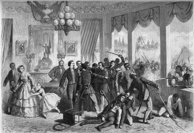 Sydamerikanska spanska kriget - Lima (Peru) - 5 februari 1865: spanjorerna sårade och förföljda av stadens befolkning tar sin tillflykt till den franska legationen. Gravyr i ""Le Monde Illustre"" nr 421 den 6 maj 1865. av French School