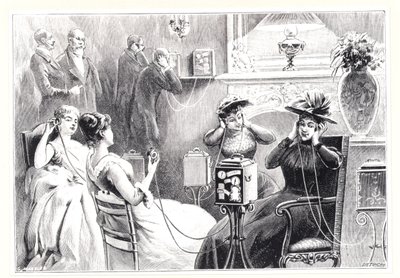 Gäster på ett hotell i Paris som lyssnar på direkta reläer för opera- eller teaterföreställningar på Marinovitchs och Szarvadys Theatrophone, från La Nature, publicerad 1892 av French School