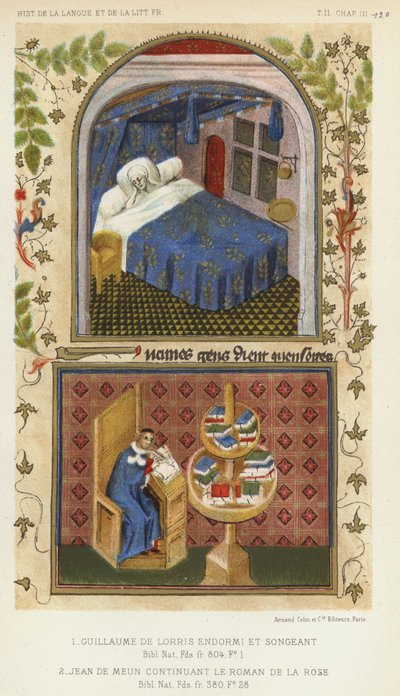 Guillaume De Lorris sover och tänker, Jean De Meun fortsätter The Roman De La Rose (färg litho) av French School