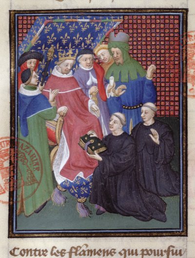 Guillaume de Nangis (d.1300 eller 1303) presenterar sin bok för Philippe IV le Bel, kung av Frankrike från 1285-1314 (vellum) (detalj av 239257) av French School