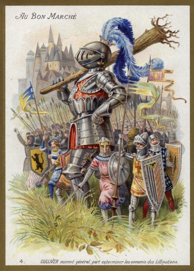 Gulliver, utsedd till general, ger sig ut för att utrota lilliputernas fiender (chromolitho) av French School