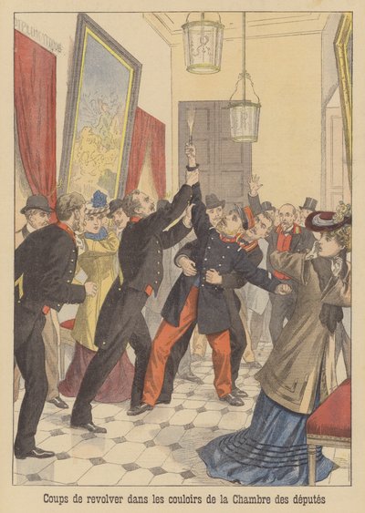 Skottlossning i korridorerna i den franska deputeradekammaren (färglitografi) av French School