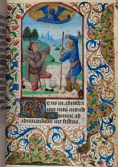 H/L-3-3 fol. 62r Annunciation to the Shepherds, från Time Book, Use of Paris, mitten av 1400-talet av French School