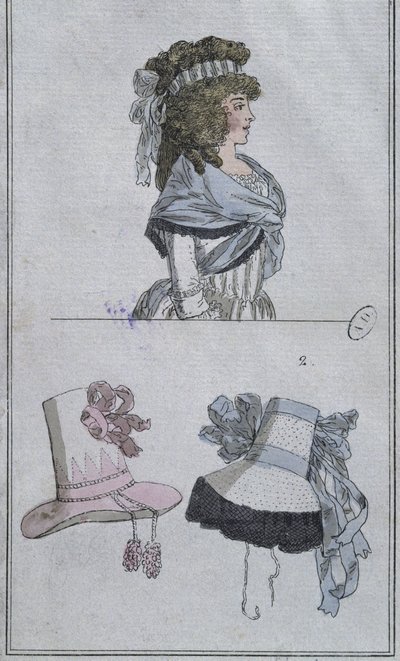 Frisyr och hattar (färggravyr) av French School